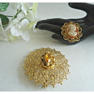 Vintage Brooch Perfume Holder & Cameo Scarf Clip